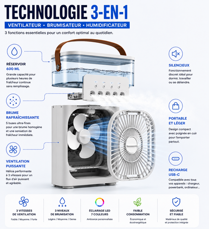 Aorys | Ventilateur Brumisateur Portable 3-en-1